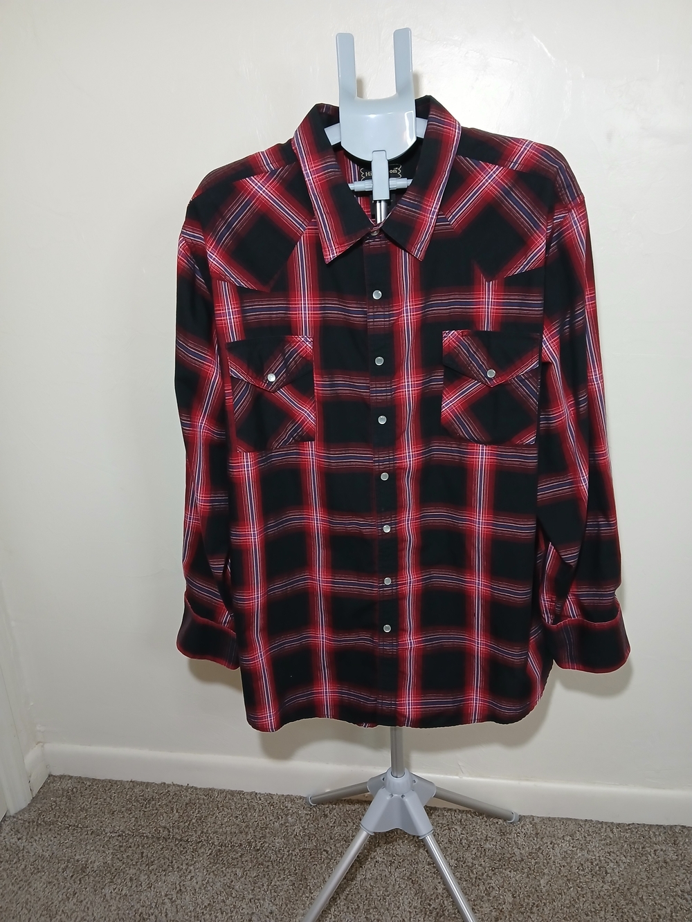 High Noon Men's 2XL Reg. Western Maroon/Black Plaid Pearl Snap Long Sleeve Shirt